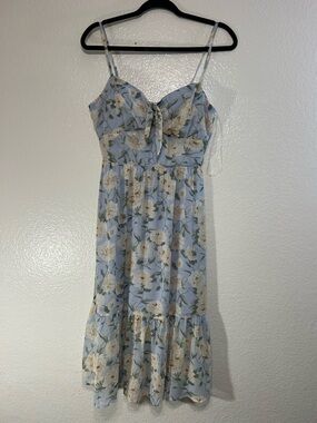 As U Wish Light Blue Floral Tie-Front Midi Dress with Cream Flowers